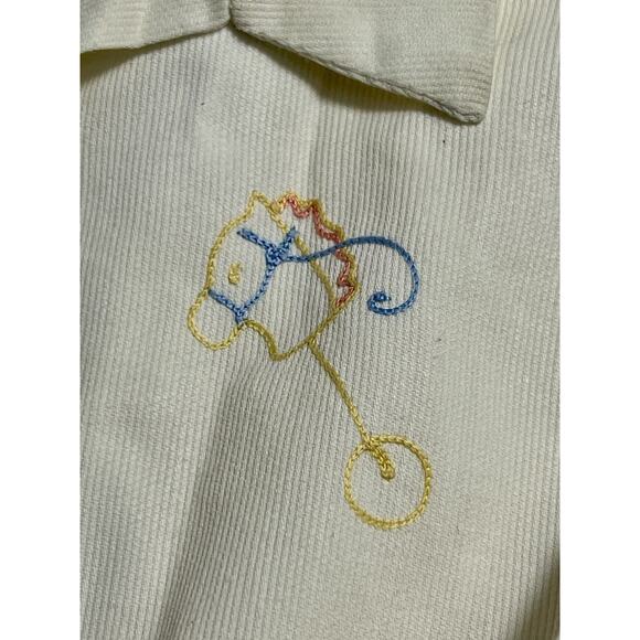 Vtg Baby Clothes Yellow Romper A Jetmore Embroidered Stick Horse Diaperette 3-6 - Picture 3 of 7